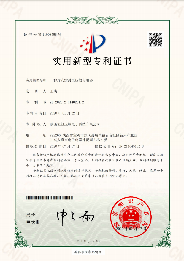 一種片式涂封型壓敏電阻器